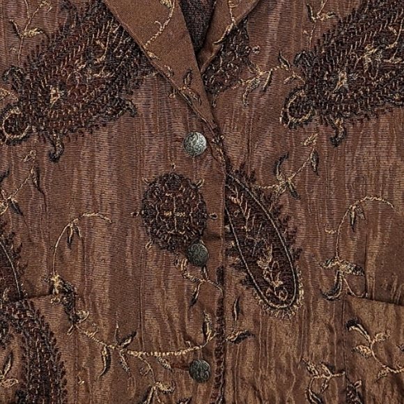Chico's Womens Size 3 Brown Paisley Embroidered Jacket Blazer Coat Two Pockets - Picture 2 of 14